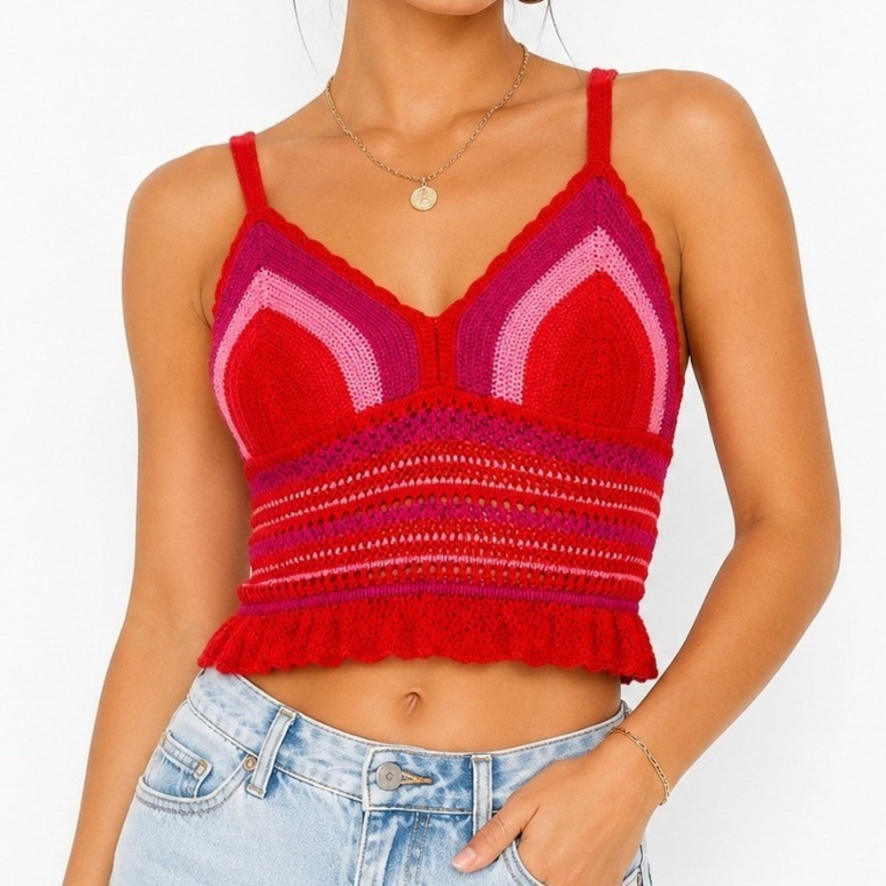 Madden NYC Crochet Cami Women XXXL Red Pink Striped Peplum Knit Tank NS167B